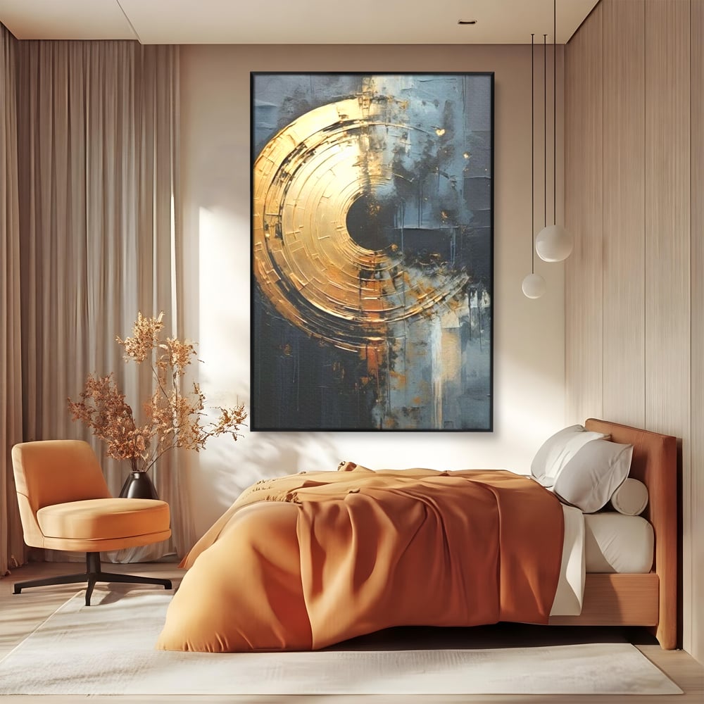 Leinwand Premium Canvas Wall Art, LuxCanva® C1297, Golden Gate, Abstrakt, Gold, Schwarz, Spirale, Zentrum, Universum, Kreis, Schwelle, Schwerkraft, Schwelle, Heilig, Topographie, Kreise, Kreise, Architekturen, Büro, Wohnen, Schlafzimmer