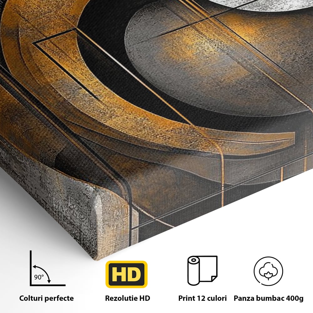 Leinwand Premium Canvas Wall Art, LuxCanva® C1298, Der Kreis, der die Welt hält, Abstrakt, Gold, Schwarz, Grau, Geometrie, Atmen, Gleichgewicht, Schwerkraft, Ritual, Ruhe, Stabilität, Materie, Büro, Wohnen, Schlafzimmer