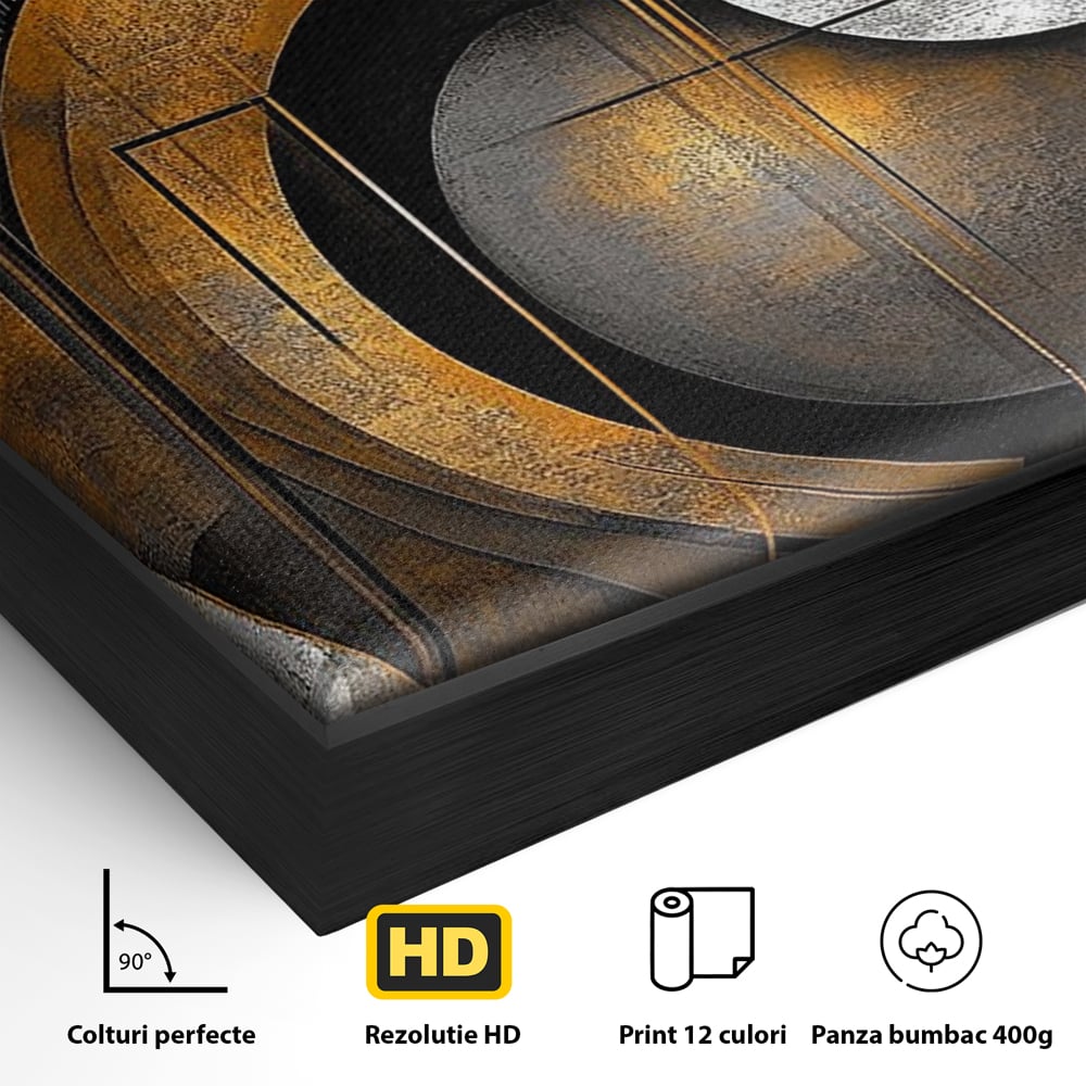 Leinwand Premium Canvas Wall Art, LuxCanva® C1298, Der Kreis, der die Welt hält, Abstrakt, Gold, Schwarz, Grau, Geometrie, Atmen, Gleichgewicht, Schwerkraft, Ritual, Ruhe, Stabilität, Materie, Büro, Wohnen, Schlafzimmer
