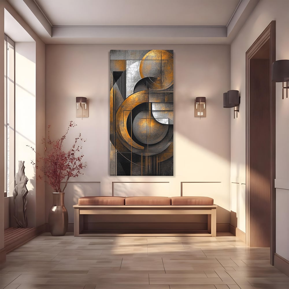 Leinwand Premium Canvas Wall Art, LuxCanva® C1298, Der Kreis, der die Welt hält, Abstrakt, Gold, Schwarz, Grau, Geometrie, Atmen, Gleichgewicht, Schwerkraft, Ritual, Ruhe, Stabilität, Materie, Büro, Wohnen, Schlafzimmer