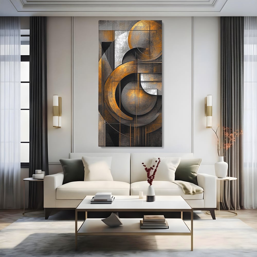 Leinwand Premium Canvas Wall Art, LuxCanva® C1298, Der Kreis, der die Welt hält, Abstrakt, Gold, Schwarz, Grau, Geometrie, Atmen, Gleichgewicht, Schwerkraft, Ritual, Ruhe, Stabilität, Materie, Büro, Wohnen, Schlafzimmer
