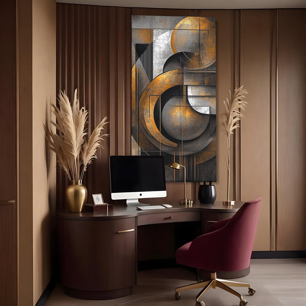 Leinwand Premium Canvas Wall Art, LuxCanva® C1298, Der Kreis, der die Welt hält, Abstrakt, Gold, Schwarz, Grau, Geometrie, Atmen, Gleichgewicht, Schwerkraft, Ritual, Ruhe, Stabilität, Materie, Büro, Wohnen, Schlafzimmer