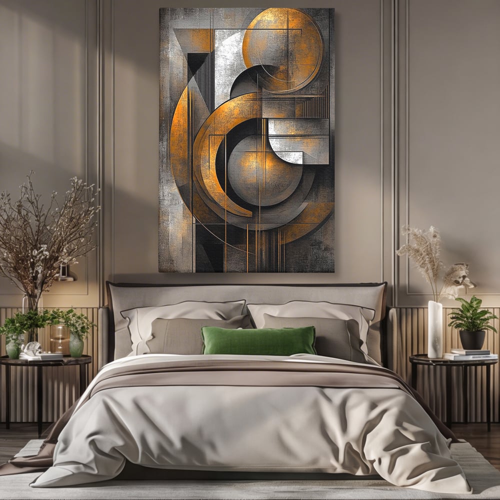 Leinwand Premium Canvas Wall Art, LuxCanva® C1298, Der Kreis, der die Welt hält, Abstrakt, Gold, Schwarz, Grau, Geometrie, Atmen, Gleichgewicht, Schwerkraft, Ritual, Ruhe, Stabilität, Materie, Büro, Wohnen, Schlafzimmer