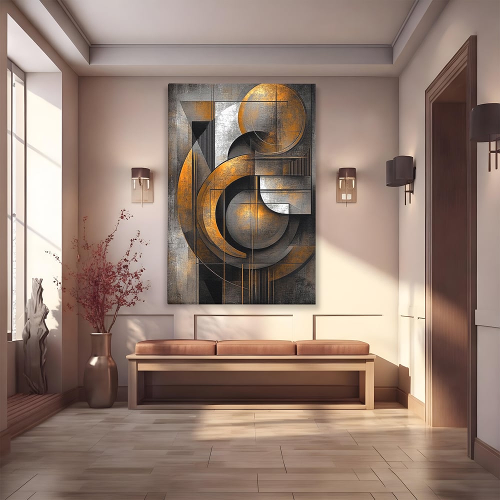 Leinwand Premium Canvas Wall Art, LuxCanva® C1298, Der Kreis, der die Welt hält, Abstrakt, Gold, Schwarz, Grau, Geometrie, Atmen, Gleichgewicht, Schwerkraft, Ritual, Ruhe, Stabilität, Materie, Büro, Wohnen, Schlafzimmer
