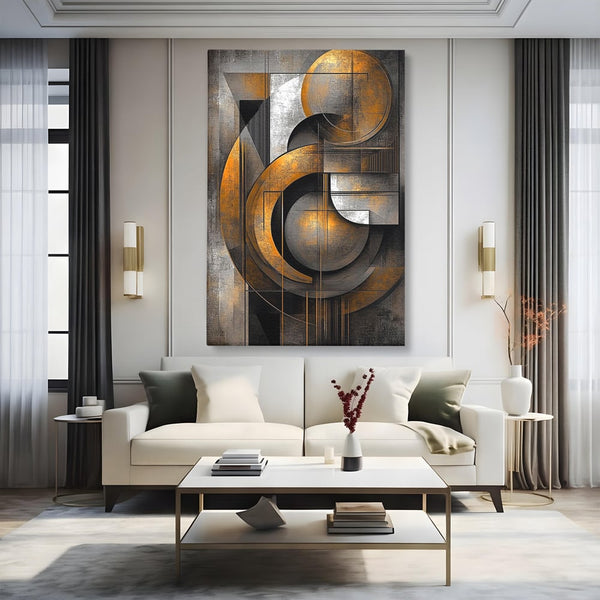 Leinwand Premium Canvas Wall Art, LuxCanva® C1298, Der Kreis, der die Welt hält, Abstrakt, Gold, Schwarz, Grau, Geometrie, Atmen, Gleichgewicht, Schwerkraft, Ritual, Ruhe, Stabilität, Materie, Büro, Wohnen, Schlafzimmer
