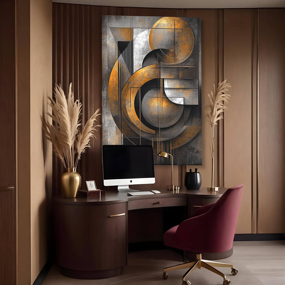 Leinwand Premium Canvas Wall Art, LuxCanva® C1298, Der Kreis, der die Welt hält, Abstrakt, Gold, Schwarz, Grau, Geometrie, Atmen, Gleichgewicht, Schwerkraft, Ritual, Ruhe, Stabilität, Materie, Büro, Wohnen, Schlafzimmer
