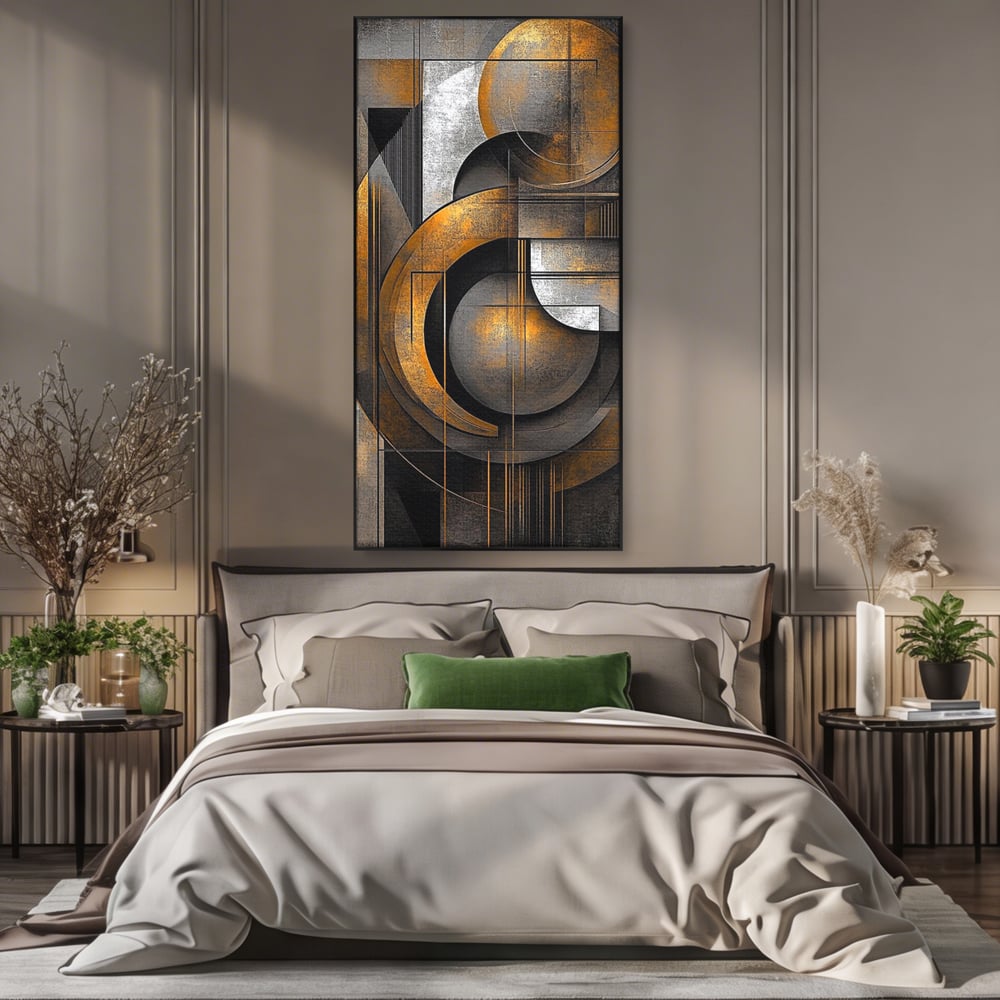 Leinwand Premium Canvas Wall Art, LuxCanva® C1298, Der Kreis, der die Welt hält, Abstrakt, Gold, Schwarz, Grau, Geometrie, Atmen, Gleichgewicht, Schwerkraft, Ritual, Ruhe, Stabilität, Materie, Büro, Wohnen, Schlafzimmer