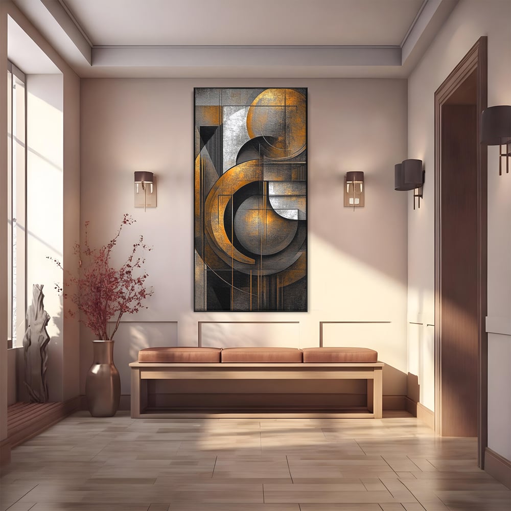 Leinwand Premium Canvas Wall Art, LuxCanva® C1298, Der Kreis, der die Welt hält, Abstrakt, Gold, Schwarz, Grau, Geometrie, Atmen, Gleichgewicht, Schwerkraft, Ritual, Ruhe, Stabilität, Materie, Büro, Wohnen, Schlafzimmer