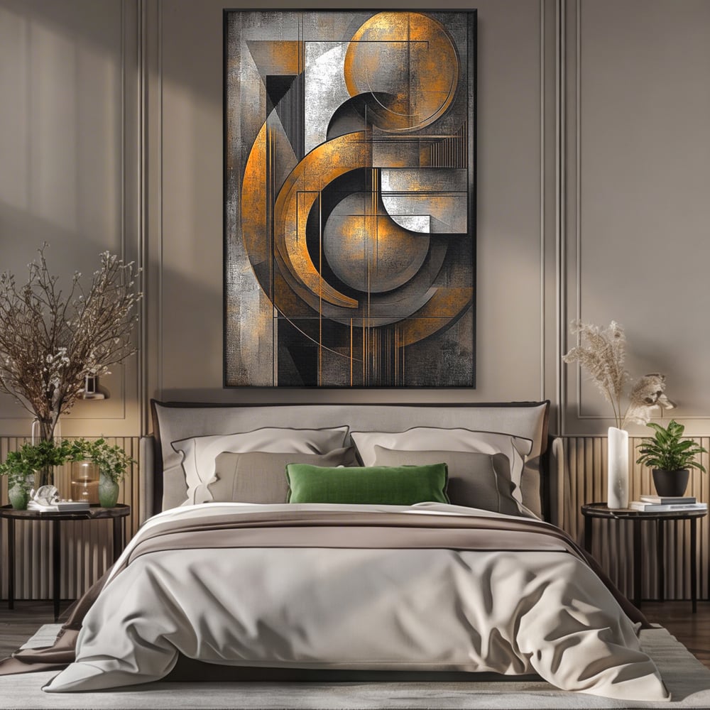 Leinwand Premium Canvas Wall Art, LuxCanva® C1298, Der Kreis, der die Welt hält, Abstrakt, Gold, Schwarz, Grau, Geometrie, Atmen, Gleichgewicht, Schwerkraft, Ritual, Ruhe, Stabilität, Materie, Büro, Wohnen, Schlafzimmer