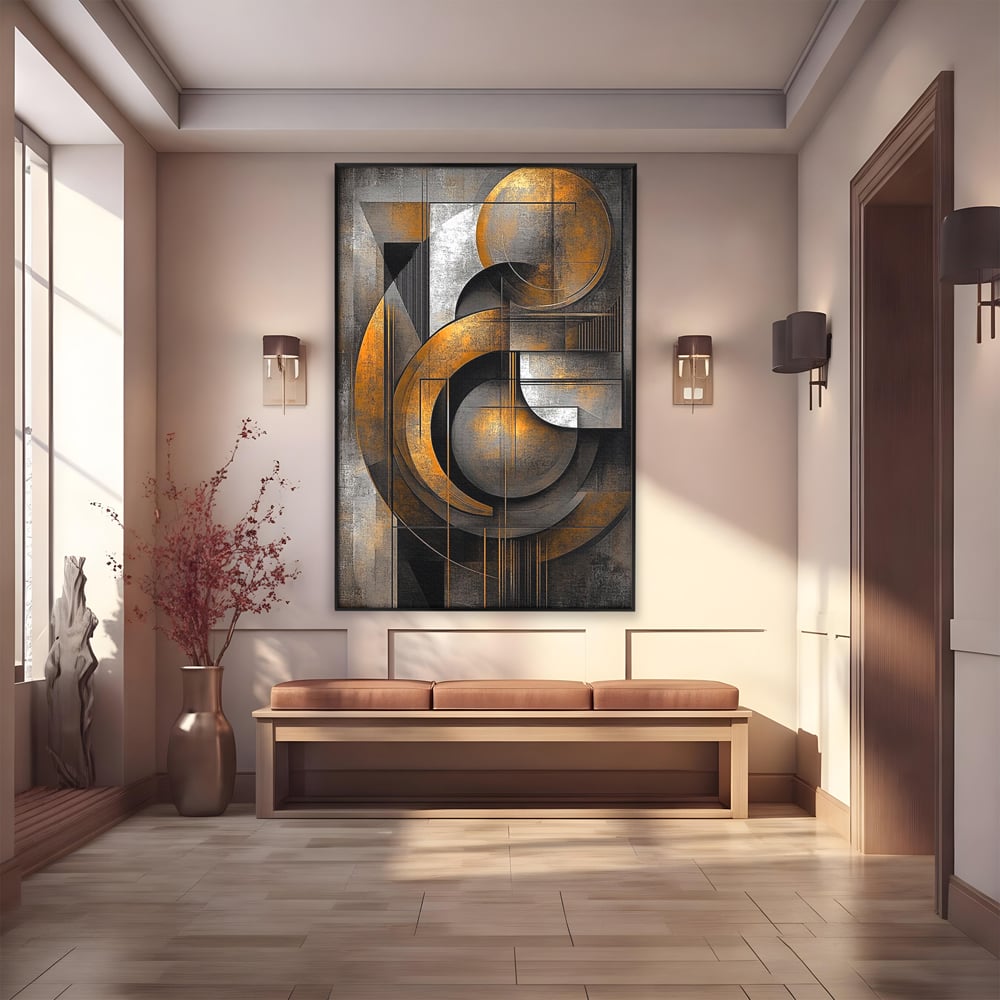 Leinwand Premium Canvas Wall Art, LuxCanva® C1298, Der Kreis, der die Welt hält, Abstrakt, Gold, Schwarz, Grau, Geometrie, Atmen, Gleichgewicht, Schwerkraft, Ritual, Ruhe, Stabilität, Materie, Büro, Wohnen, Schlafzimmer