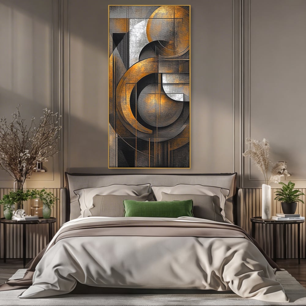 Leinwand Premium Canvas Wall Art, LuxCanva® C1298, Der Kreis, der die Welt hält, Abstrakt, Gold, Schwarz, Grau, Geometrie, Atmen, Gleichgewicht, Schwerkraft, Ritual, Ruhe, Stabilität, Materie, Büro, Wohnen, Schlafzimmer