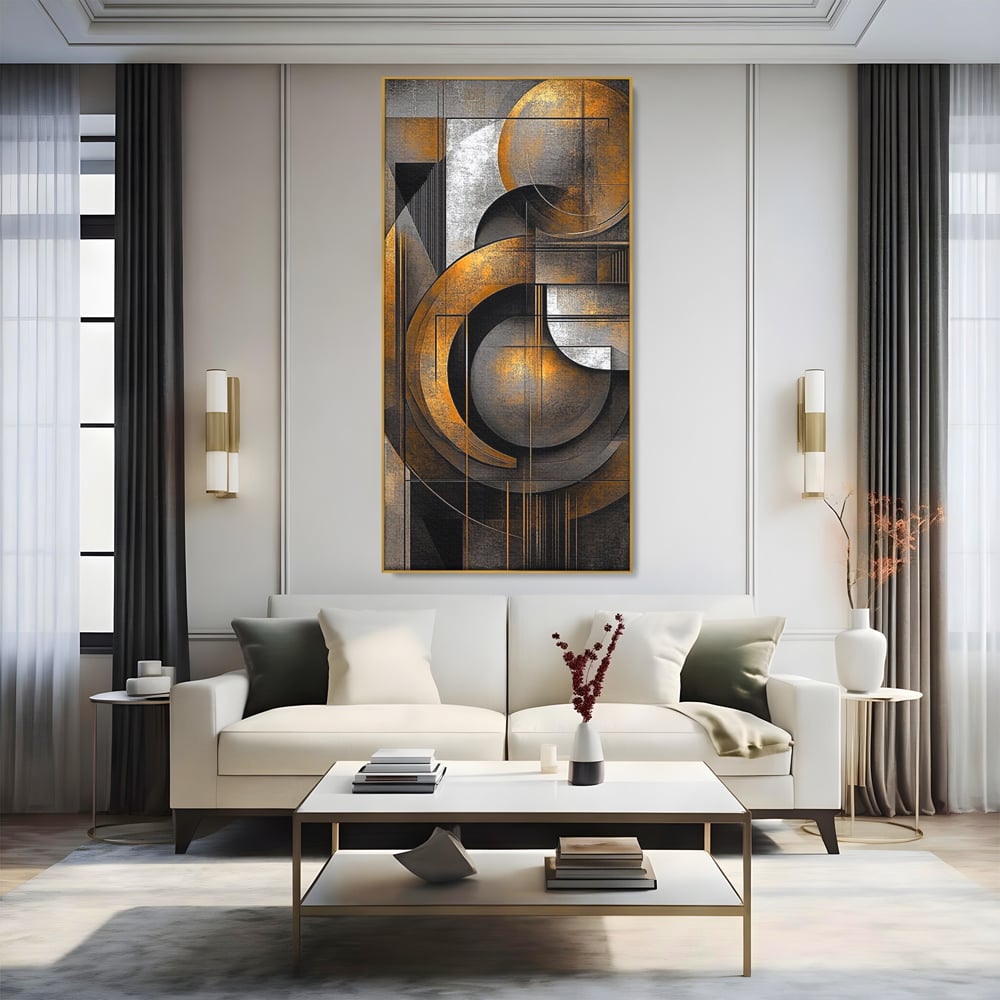 Leinwand Premium Canvas Wall Art, LuxCanva® C1298, Der Kreis, der die Welt hält, Abstrakt, Gold, Schwarz, Grau, Geometrie, Atmen, Gleichgewicht, Schwerkraft, Ritual, Ruhe, Stabilität, Materie, Büro, Wohnen, Schlafzimmer