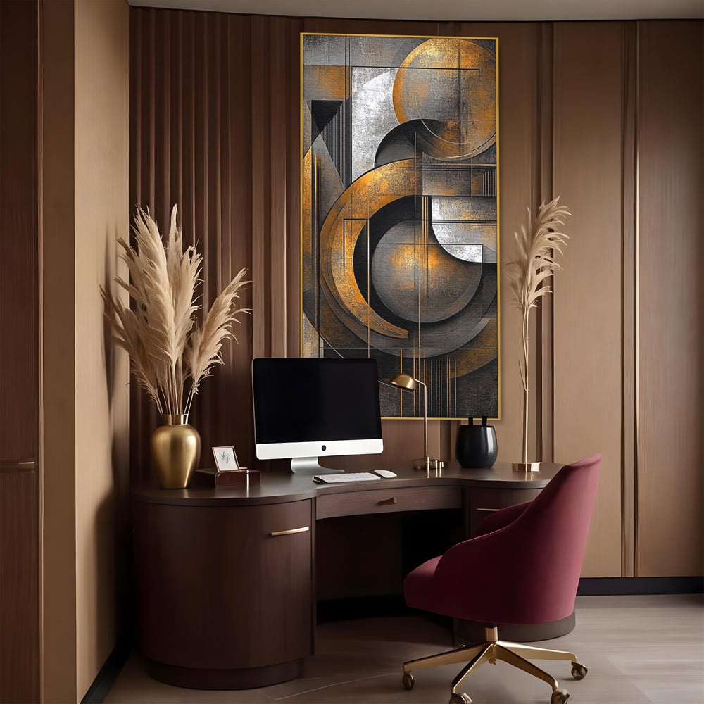 Leinwand Premium Canvas Wall Art, LuxCanva® C1298, Der Kreis, der die Welt hält, Abstrakt, Gold, Schwarz, Grau, Geometrie, Atmen, Gleichgewicht, Schwerkraft, Ritual, Ruhe, Stabilität, Materie, Büro, Wohnen, Schlafzimmer