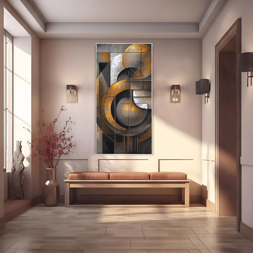 Leinwand Premium Canvas Wall Art, LuxCanva® C1298, Der Kreis, der die Welt hält, Abstrakt, Gold, Schwarz, Grau, Geometrie, Atmen, Gleichgewicht, Schwerkraft, Ritual, Ruhe, Stabilität, Materie, Büro, Wohnen, Schlafzimmer