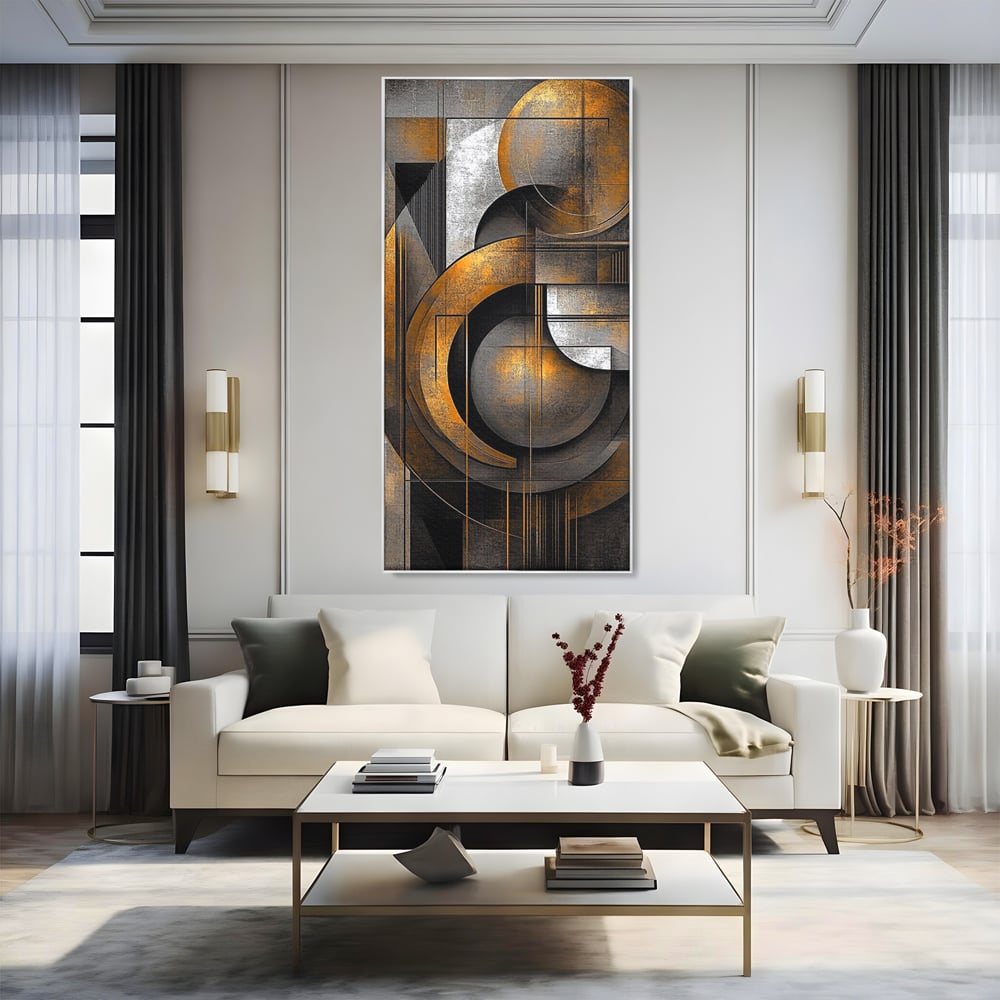 Leinwand Premium Canvas Wall Art, LuxCanva® C1298, Der Kreis, der die Welt hält, Abstrakt, Gold, Schwarz, Grau, Geometrie, Atmen, Gleichgewicht, Schwerkraft, Ritual, Ruhe, Stabilität, Materie, Büro, Wohnen, Schlafzimmer
