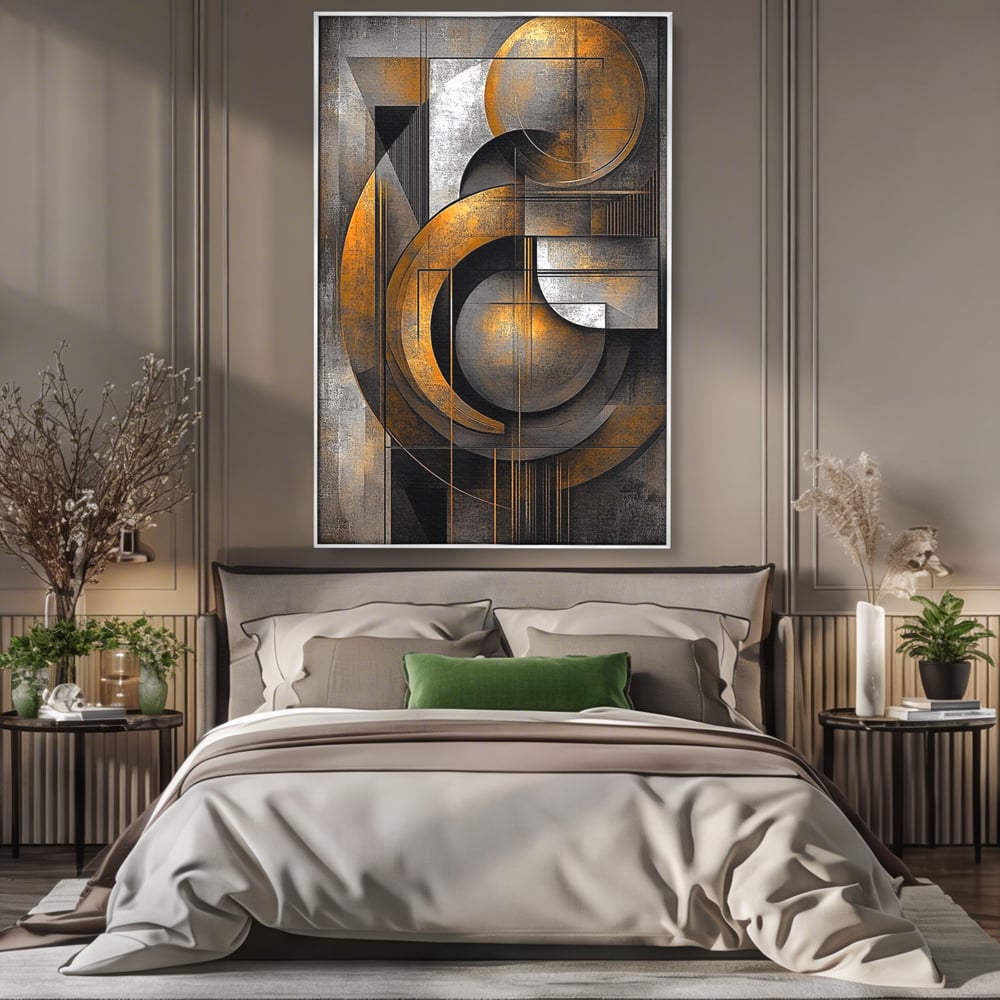 Leinwand Premium Canvas Wall Art, LuxCanva® C1298, Der Kreis, der die Welt hält, Abstrakt, Gold, Schwarz, Grau, Geometrie, Atmen, Gleichgewicht, Schwerkraft, Ritual, Ruhe, Stabilität, Materie, Büro, Wohnen, Schlafzimmer