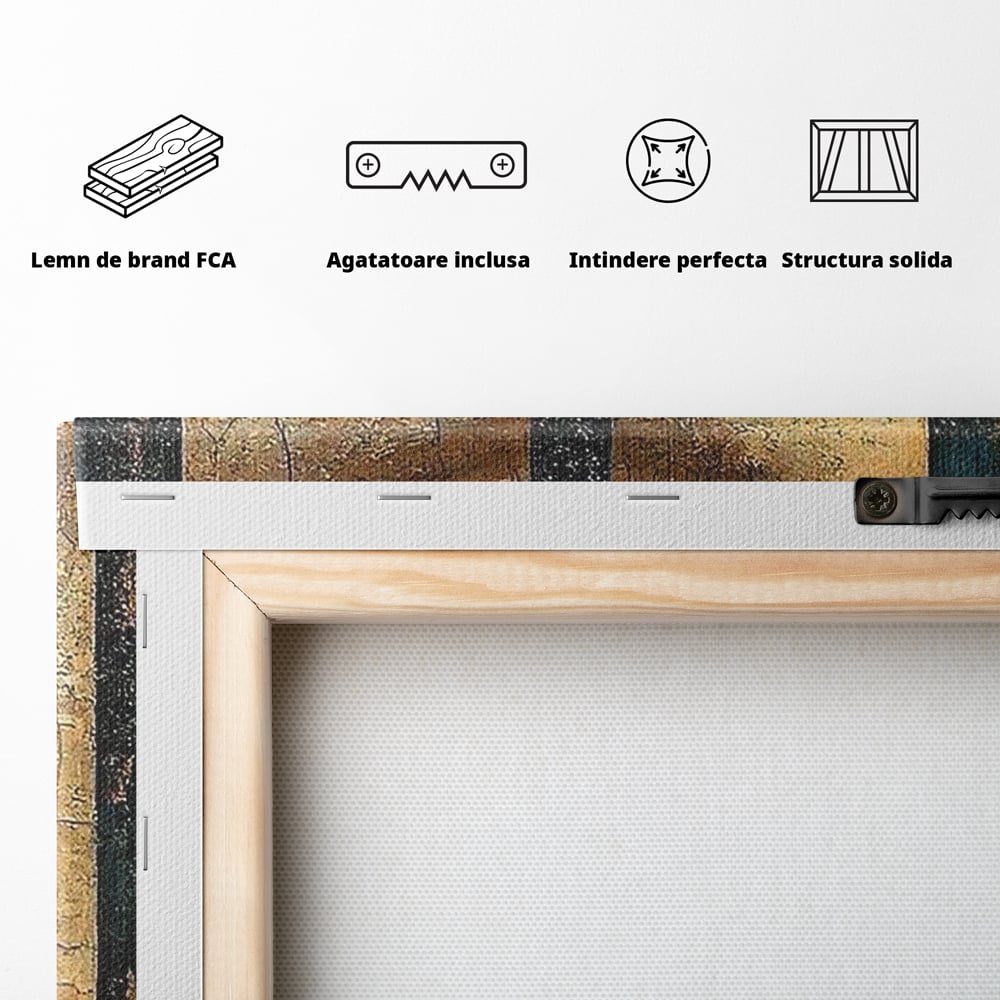 Tablou Canvas Premium, LuxCanva® C1300, Privirea dintre ziduri, Geometrie, Culori, Abstract, Auriu, Portret, Ochi, Gratii, Privire, Fereastra, Identitate, Fragmentat, Visare, Birou, Living, Dormitor