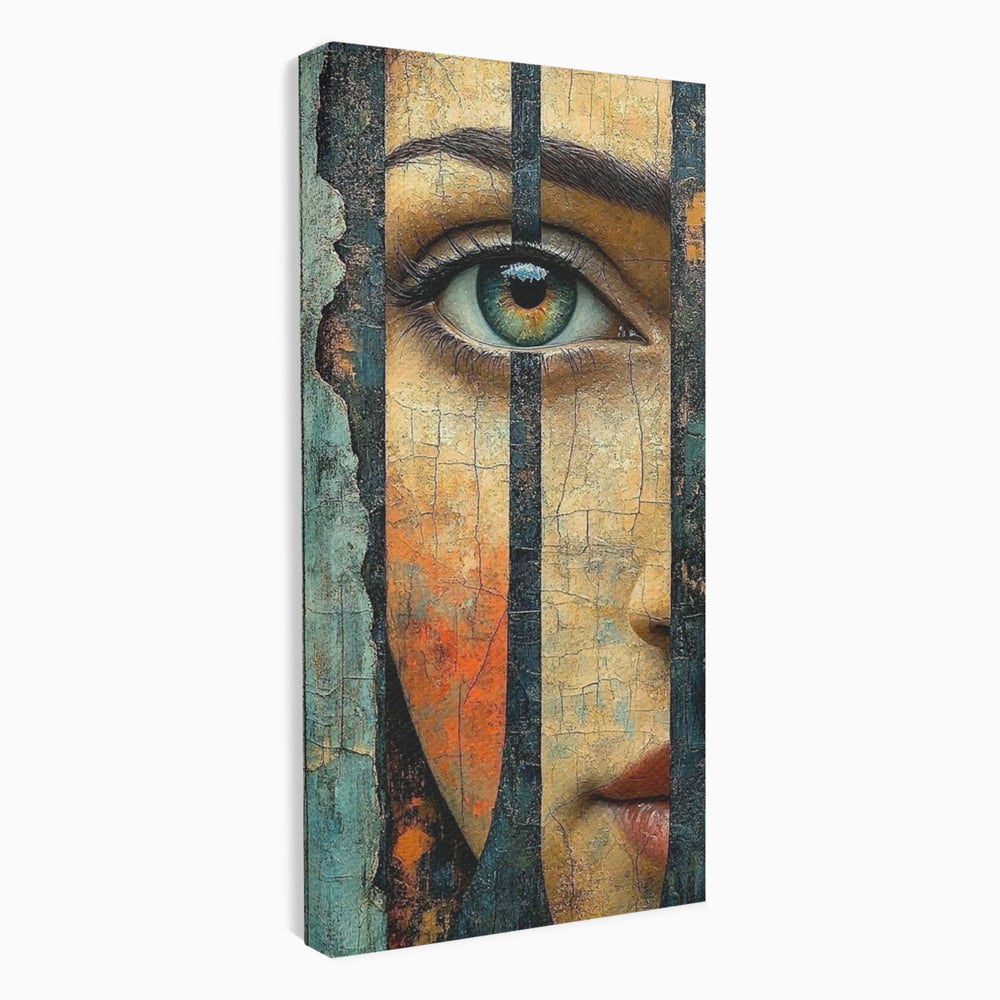Tablou Canvas Premium, LuxCanva® C1300, Privirea dintre ziduri, Geometrie, Culori, Abstract, Auriu, Portret, Ochi, Gratii, Privire, Fereastra, Identitate, Fragmentat, Visare, Birou, Living, Dormitor