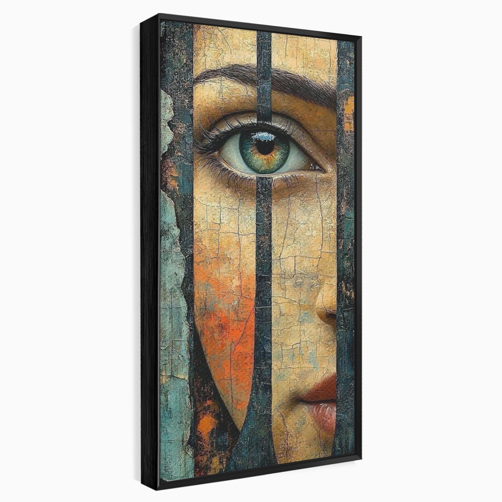 Tablou Canvas Premium, LuxCanva® C1300, Privirea dintre ziduri, Geometrie, Culori, Abstract, Auriu, Portret, Ochi, Gratii, Privire, Fereastra, Identitate, Fragmentat, Visare, Birou, Living, Dormitor