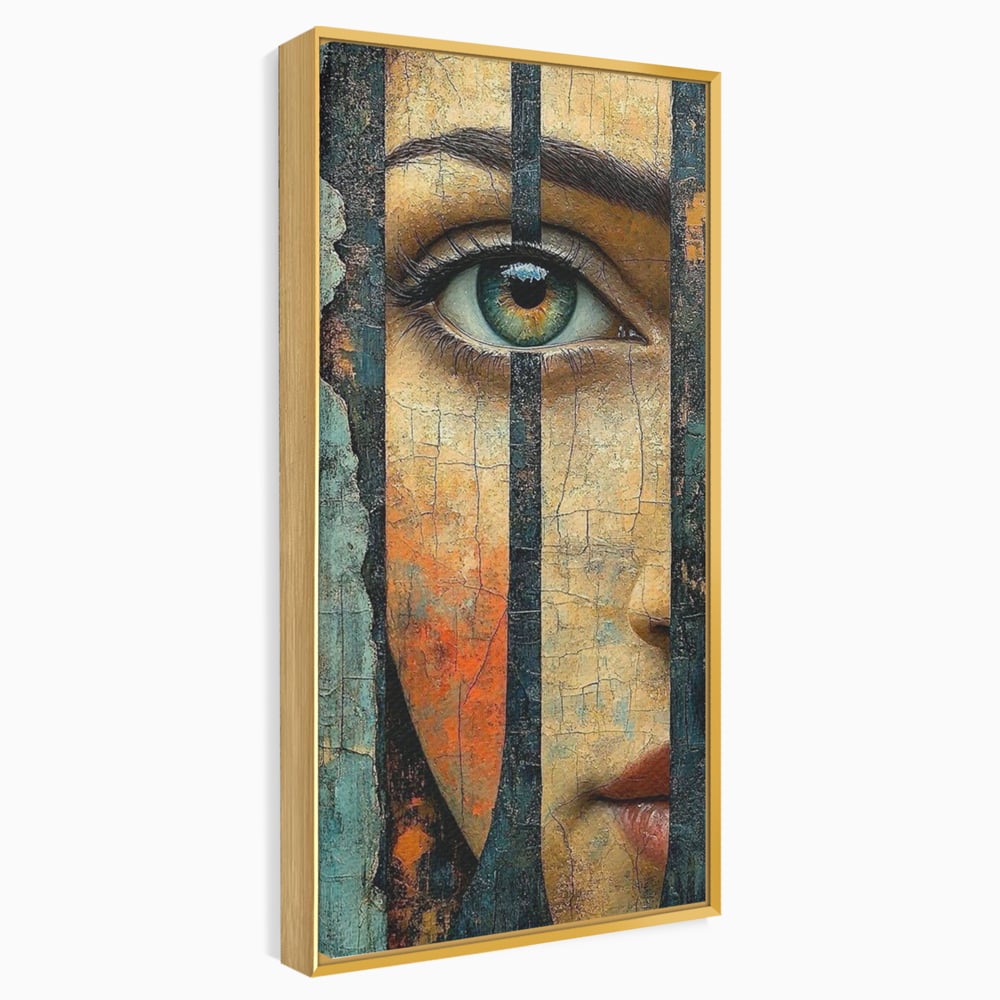 Tablou Canvas Premium, LuxCanva® C1300, Privirea dintre ziduri, Geometrie, Culori, Abstract, Auriu, Portret, Ochi, Gratii, Privire, Fereastra, Identitate, Fragmentat, Visare, Birou, Living, Dormitor