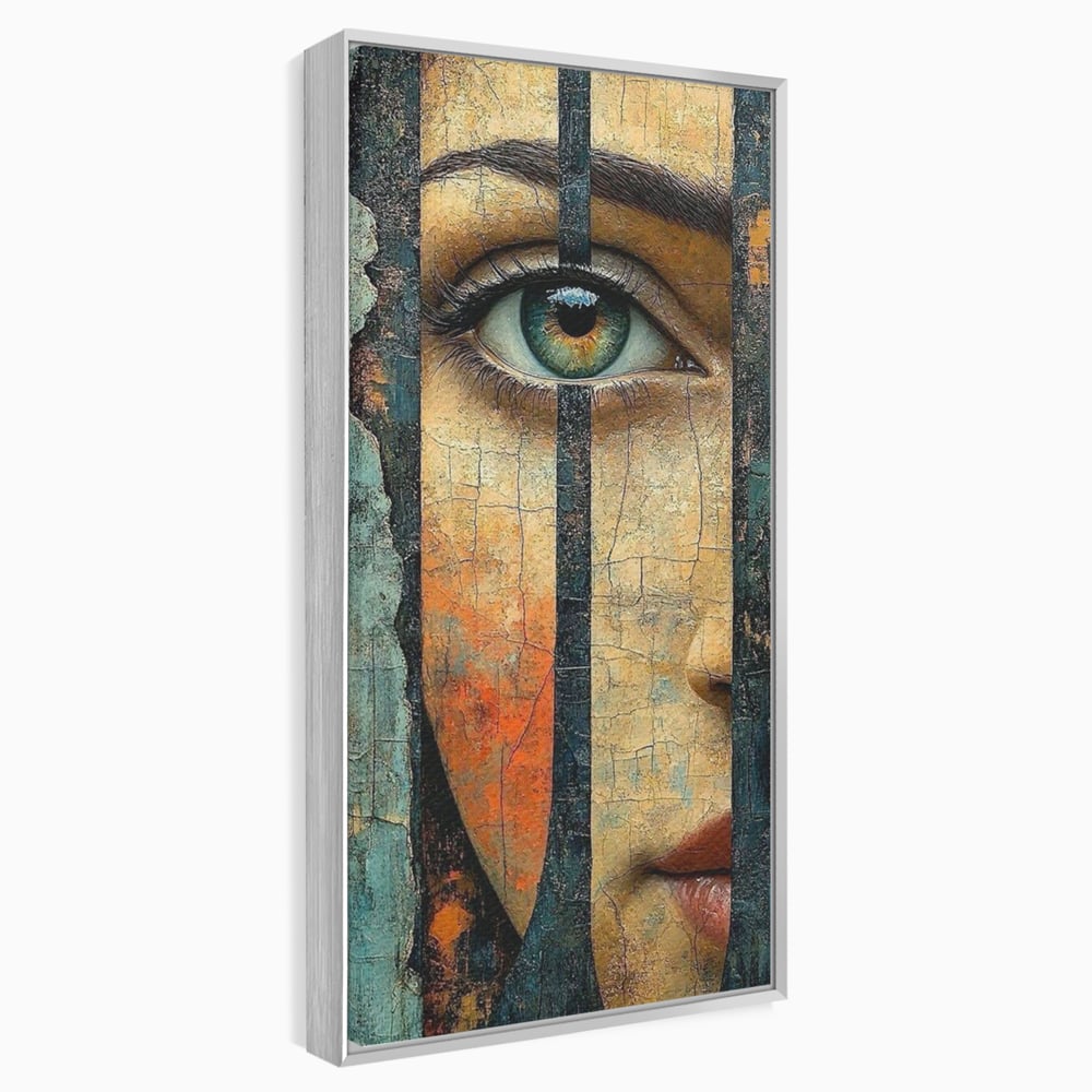 Tablou Canvas Premium, LuxCanva® C1300, Privirea dintre ziduri, Geometrie, Culori, Abstract, Auriu, Portret, Ochi, Gratii, Privire, Fereastra, Identitate, Fragmentat, Visare, Birou, Living, Dormitor