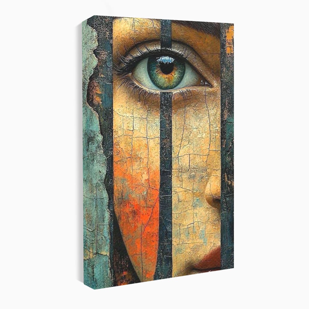Tablou Canvas Premium, LuxCanva® C1300, Privirea dintre ziduri, Geometrie, Culori, Abstract, Auriu, Portret, Ochi, Gratii, Privire, Fereastra, Identitate, Fragmentat, Visare, Birou, Living, Dormitor