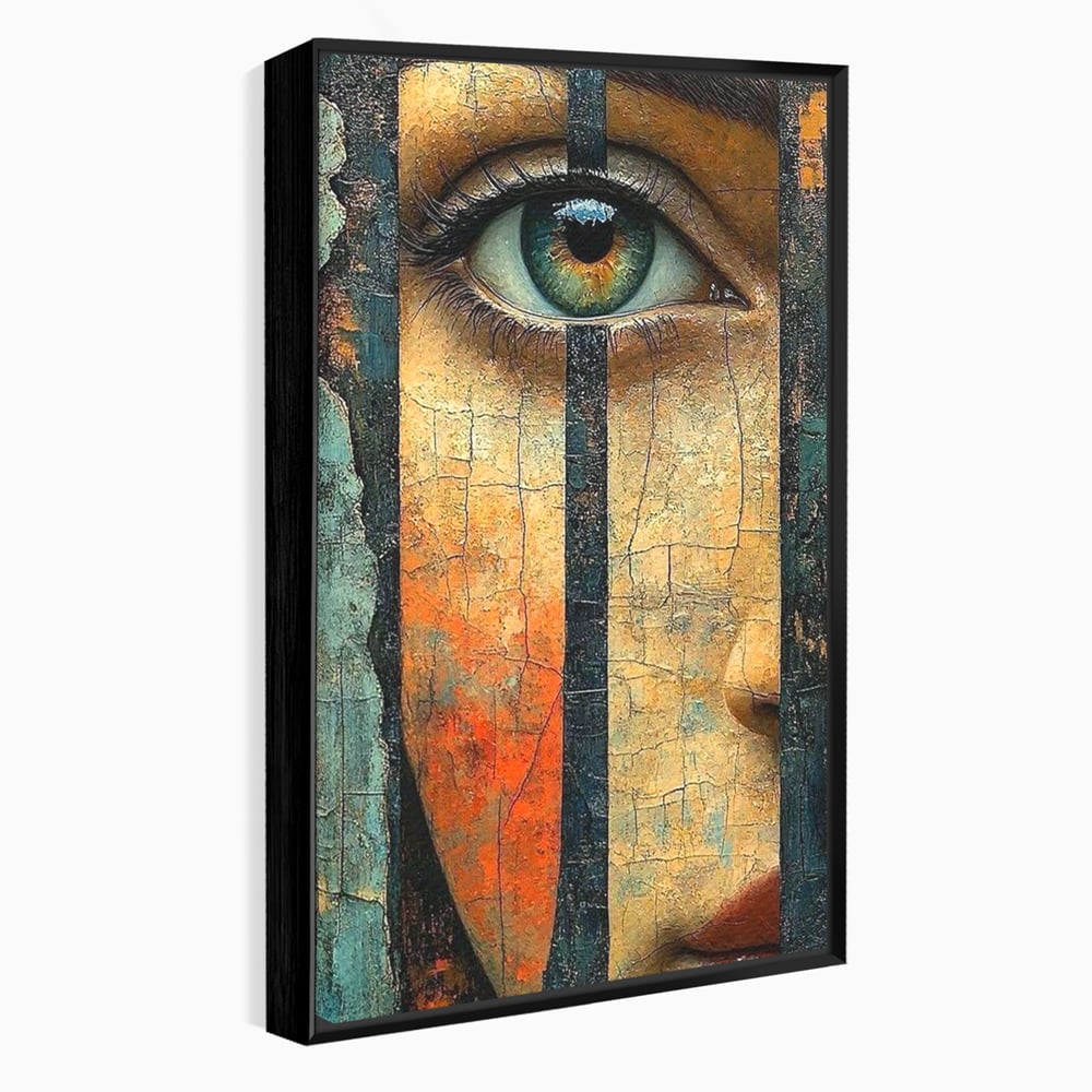 Tablou Canvas Premium, LuxCanva® C1300, Privirea dintre ziduri, Geometrie, Culori, Abstract, Auriu, Portret, Ochi, Gratii, Privire, Fereastra, Identitate, Fragmentat, Visare, Birou, Living, Dormitor