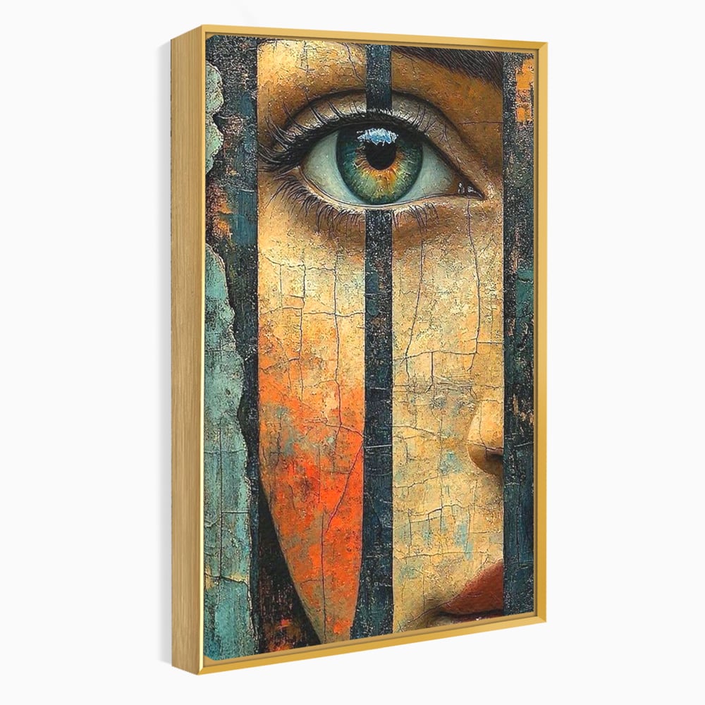 Tablou Canvas Premium, LuxCanva® C1300, Privirea dintre ziduri, Geometrie, Culori, Abstract, Auriu, Portret, Ochi, Gratii, Privire, Fereastra, Identitate, Fragmentat, Visare, Birou, Living, Dormitor