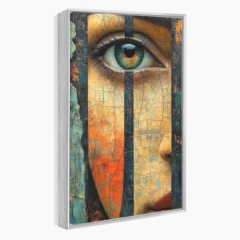 Tablou Canvas Premium, LuxCanva® C1300, Privirea dintre ziduri, Geometrie, Culori, Abstract, Auriu, Portret, Ochi, Gratii, Privire, Fereastra, Identitate, Fragmentat, Visare, Birou, Living, Dormitor