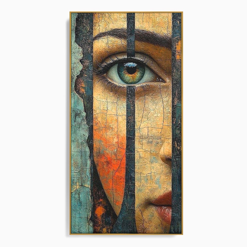 Tablou Canvas Premium, LuxCanva® C1300, Privirea dintre ziduri, Geometrie, Culori, Abstract, Auriu, Portret, Ochi, Gratii, Privire, Fereastra, Identitate, Fragmentat, Visare, Birou, Living, Dormitor