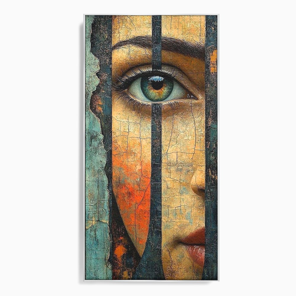 Tablou Canvas Premium, LuxCanva® C1300, Privirea dintre ziduri, Geometrie, Culori, Abstract, Auriu, Portret, Ochi, Gratii, Privire, Fereastra, Identitate, Fragmentat, Visare, Birou, Living, Dormitor