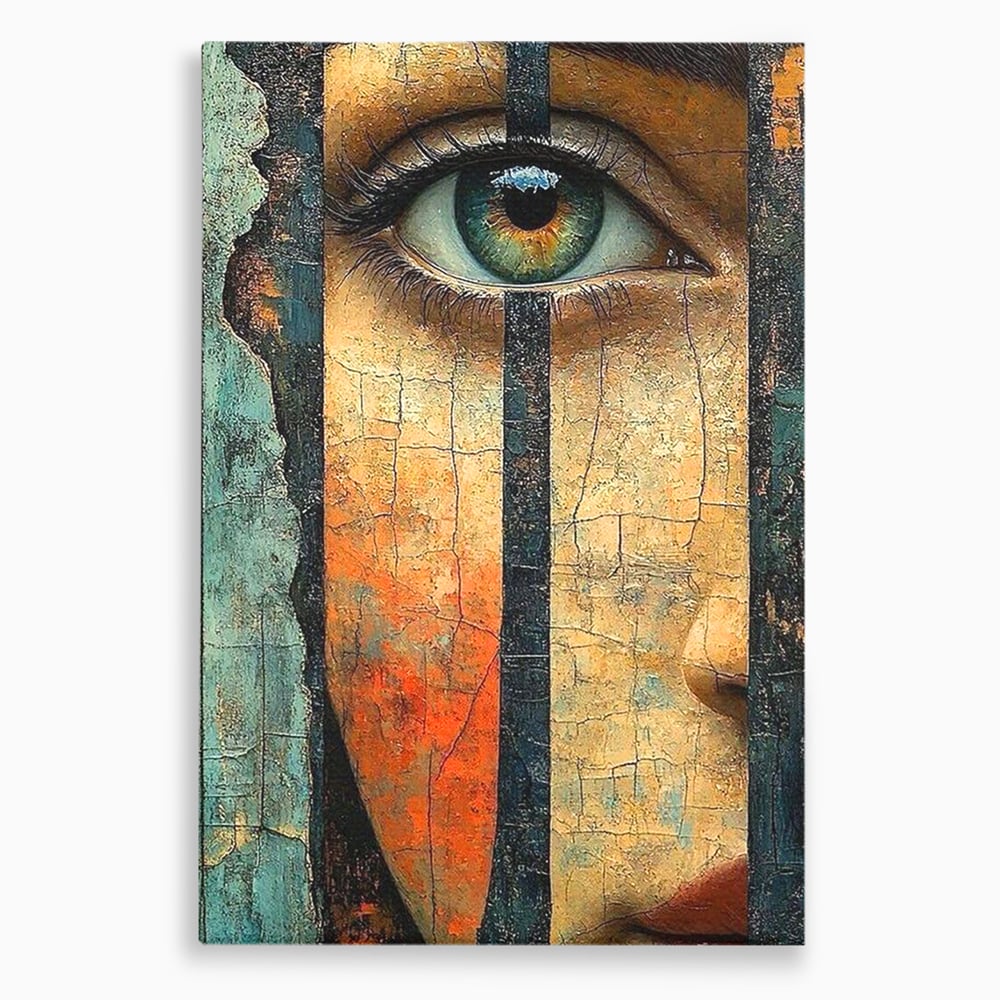 Tablou Canvas Premium, LuxCanva® C1300, Privirea dintre ziduri, Geometrie, Culori, Abstract, Auriu, Portret, Ochi, Gratii, Privire, Fereastra, Identitate, Fragmentat, Visare, Birou, Living, Dormitor