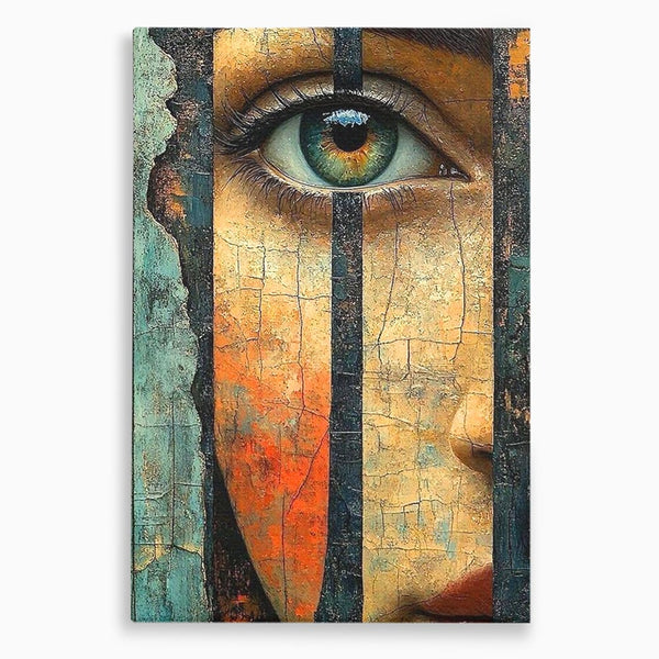 Tablou Canvas Premium, LuxCanva® C1300, Privirea dintre ziduri, Geometrie, Culori, Abstract, Auriu, Portret, Ochi, Gratii, Privire, Fereastra, Identitate, Fragmentat, Visare, Birou, Living, Dormitor