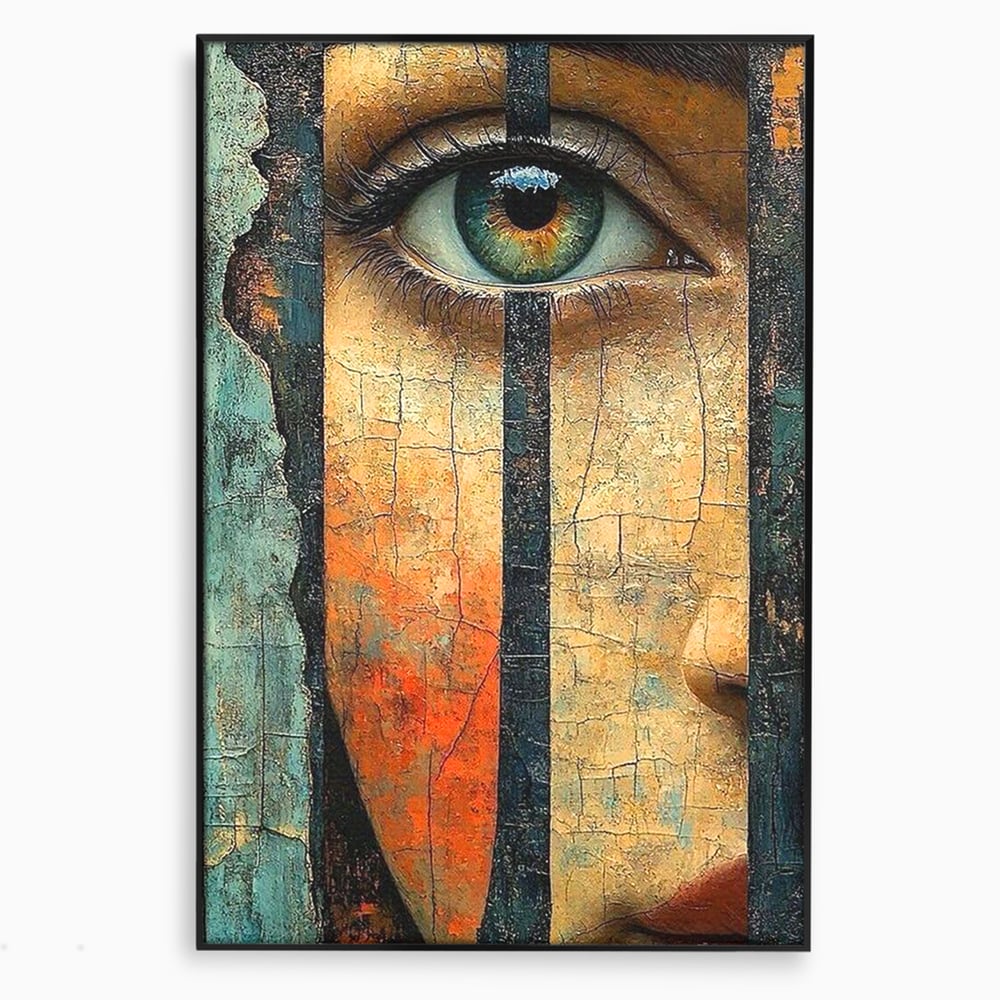 Tablou Canvas Premium, LuxCanva® C1300, Privirea dintre ziduri, Geometrie, Culori, Abstract, Auriu, Portret, Ochi, Gratii, Privire, Fereastra, Identitate, Fragmentat, Visare, Birou, Living, Dormitor