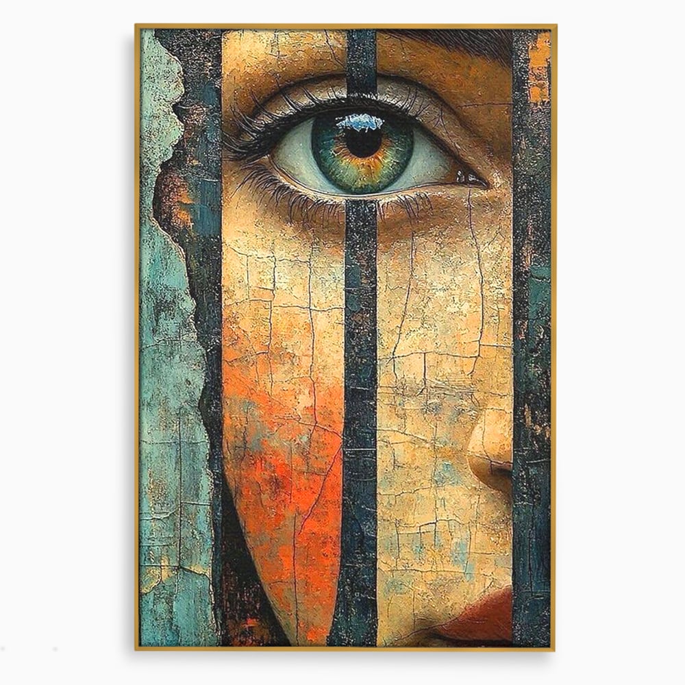 Tablou Canvas Premium, LuxCanva® C1300, Privirea dintre ziduri, Geometrie, Culori, Abstract, Auriu, Portret, Ochi, Gratii, Privire, Fereastra, Identitate, Fragmentat, Visare, Birou, Living, Dormitor