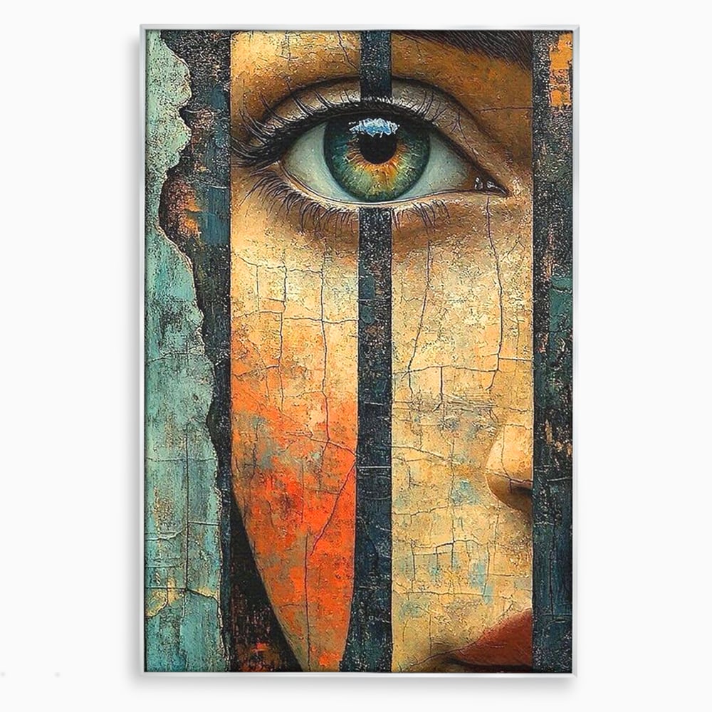 Tablou Canvas Premium, LuxCanva® C1300, Privirea dintre ziduri, Geometrie, Culori, Abstract, Auriu, Portret, Ochi, Gratii, Privire, Fereastra, Identitate, Fragmentat, Visare, Birou, Living, Dormitor
