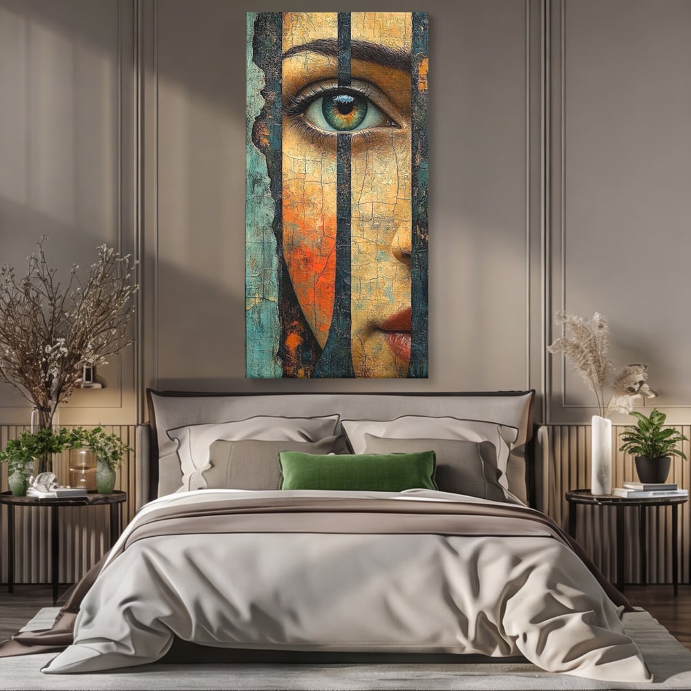 Tablou Canvas Premium, LuxCanva® C1300, Privirea dintre ziduri, Geometrie, Culori, Abstract, Auriu, Portret, Ochi, Gratii, Privire, Fereastra, Identitate, Fragmentat, Visare, Birou, Living, Dormitor