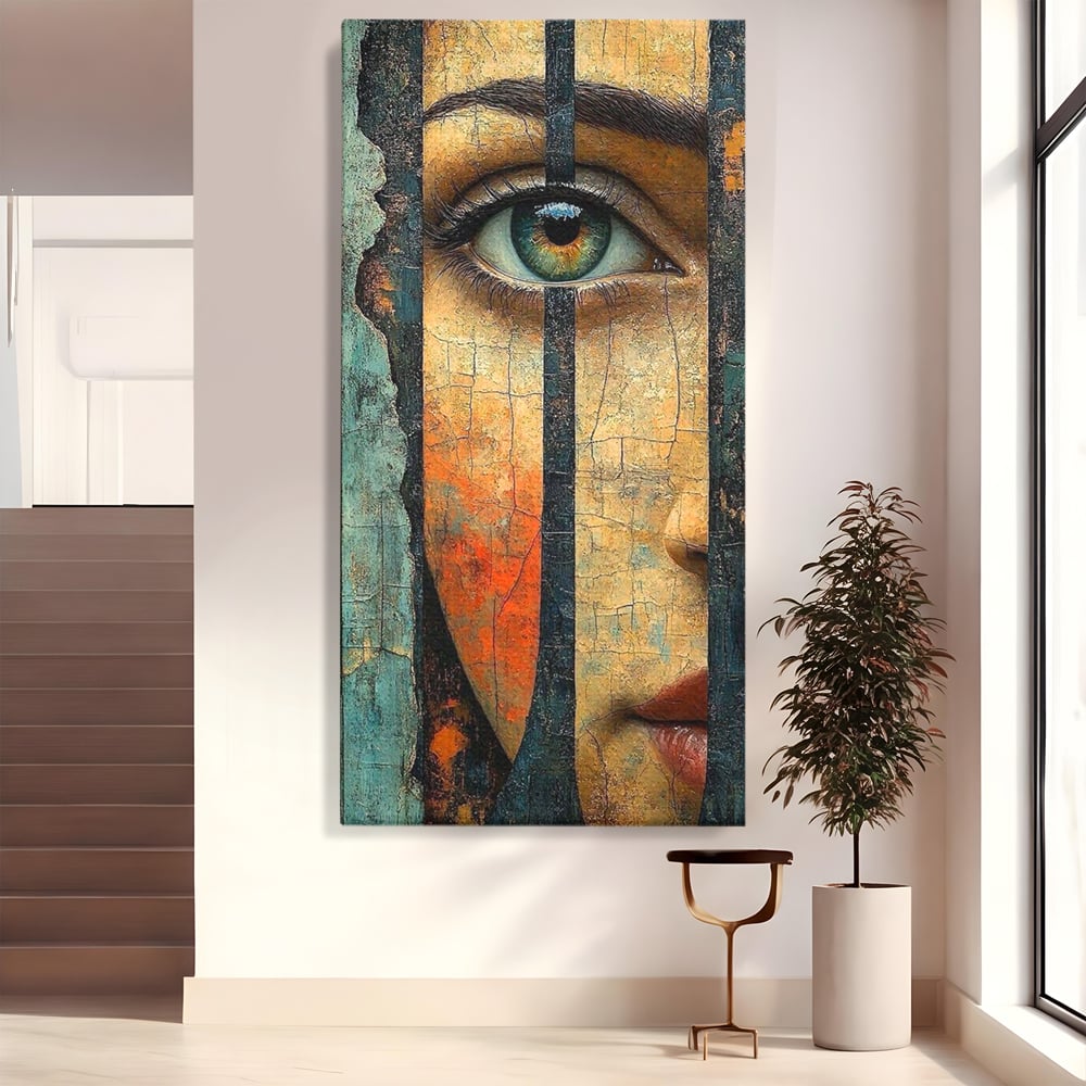Tablou Canvas Premium, LuxCanva® C1300, Privirea dintre ziduri, Geometrie, Culori, Abstract, Auriu, Portret, Ochi, Gratii, Privire, Fereastra, Identitate, Fragmentat, Visare, Birou, Living, Dormitor