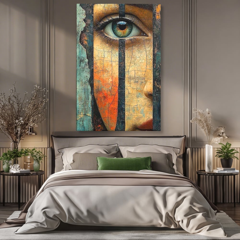 Tablou Canvas Premium, LuxCanva® C1300, Privirea dintre ziduri, Geometrie, Culori, Abstract, Auriu, Portret, Ochi, Gratii, Privire, Fereastra, Identitate, Fragmentat, Visare, Birou, Living, Dormitor