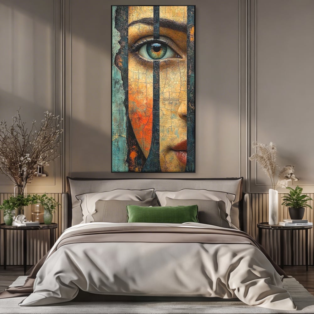 Tablou Canvas Premium, LuxCanva® C1300, Privirea dintre ziduri, Geometrie, Culori, Abstract, Auriu, Portret, Ochi, Gratii, Privire, Fereastra, Identitate, Fragmentat, Visare, Birou, Living, Dormitor