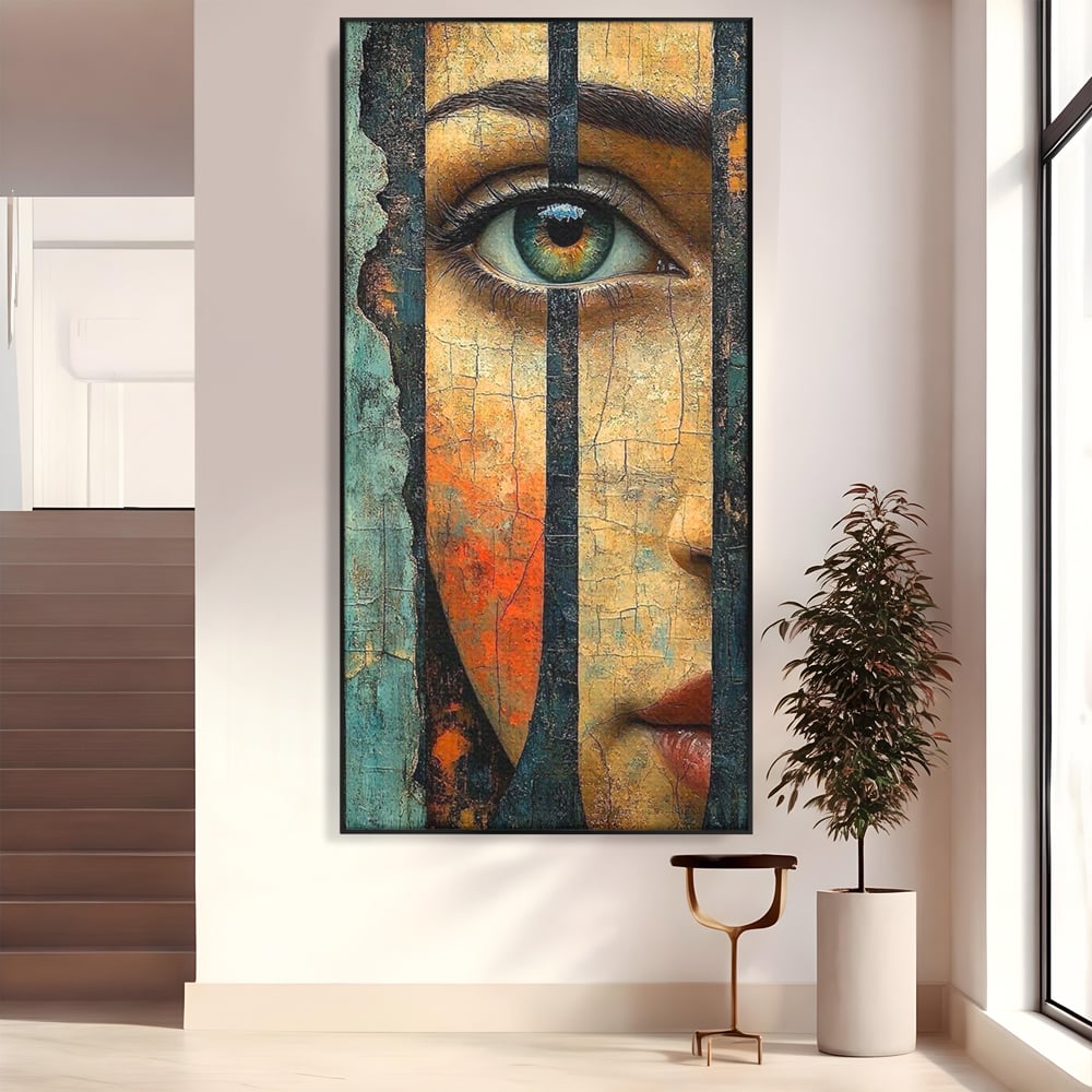 Tablou Canvas Premium, LuxCanva® C1300, Privirea dintre ziduri, Geometrie, Culori, Abstract, Auriu, Portret, Ochi, Gratii, Privire, Fereastra, Identitate, Fragmentat, Visare, Birou, Living, Dormitor