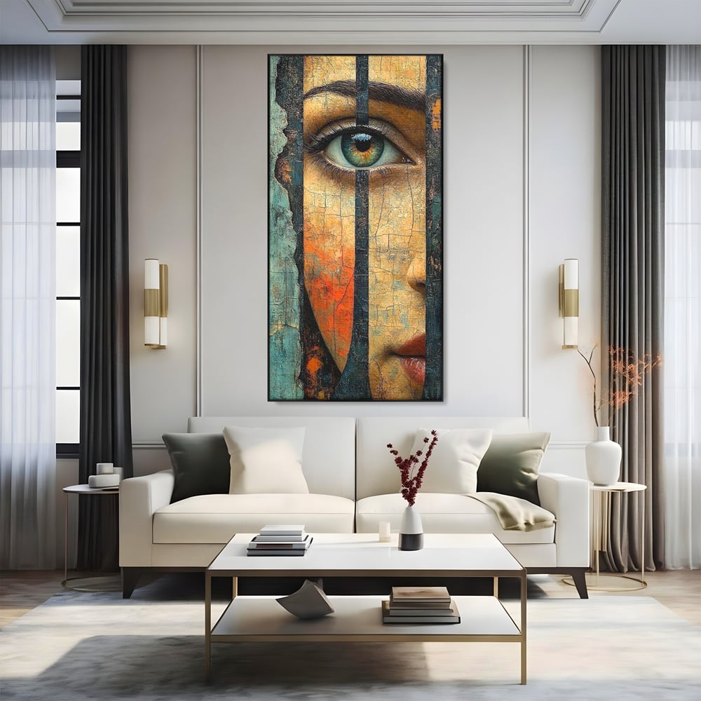 Tablou Canvas Premium, LuxCanva® C1300, Privirea dintre ziduri, Geometrie, Culori, Abstract, Auriu, Portret, Ochi, Gratii, Privire, Fereastra, Identitate, Fragmentat, Visare, Birou, Living, Dormitor