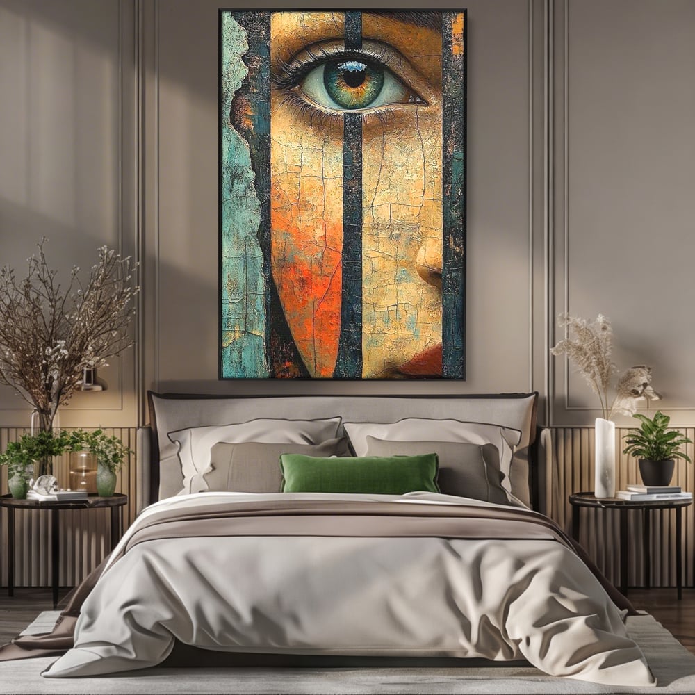 Tablou Canvas Premium, LuxCanva® C1300, Privirea dintre ziduri, Geometrie, Culori, Abstract, Auriu, Portret, Ochi, Gratii, Privire, Fereastra, Identitate, Fragmentat, Visare, Birou, Living, Dormitor