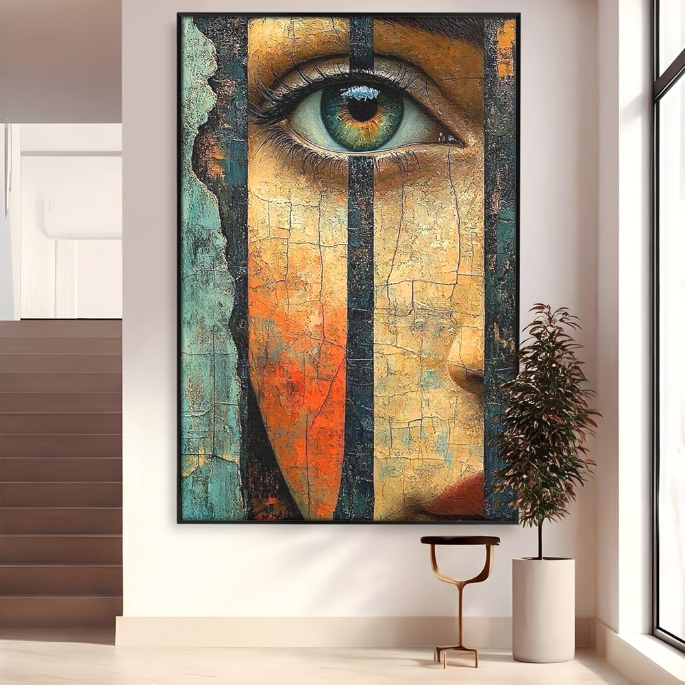 Tablou Canvas Premium, LuxCanva® C1300, Privirea dintre ziduri, Geometrie, Culori, Abstract, Auriu, Portret, Ochi, Gratii, Privire, Fereastra, Identitate, Fragmentat, Visare, Birou, Living, Dormitor