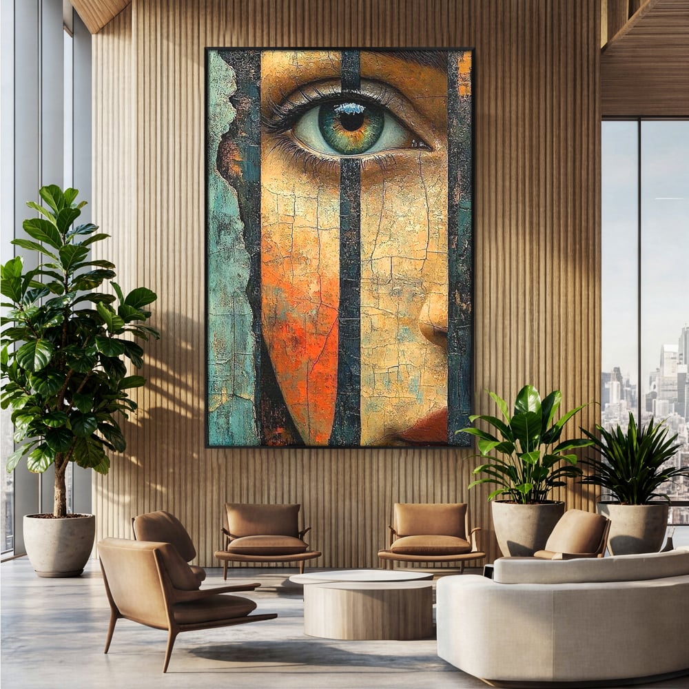 Tablou Canvas Premium, LuxCanva® C1300, Privirea dintre ziduri, Geometrie, Culori, Abstract, Auriu, Portret, Ochi, Gratii, Privire, Fereastra, Identitate, Fragmentat, Visare, Birou, Living, Dormitor