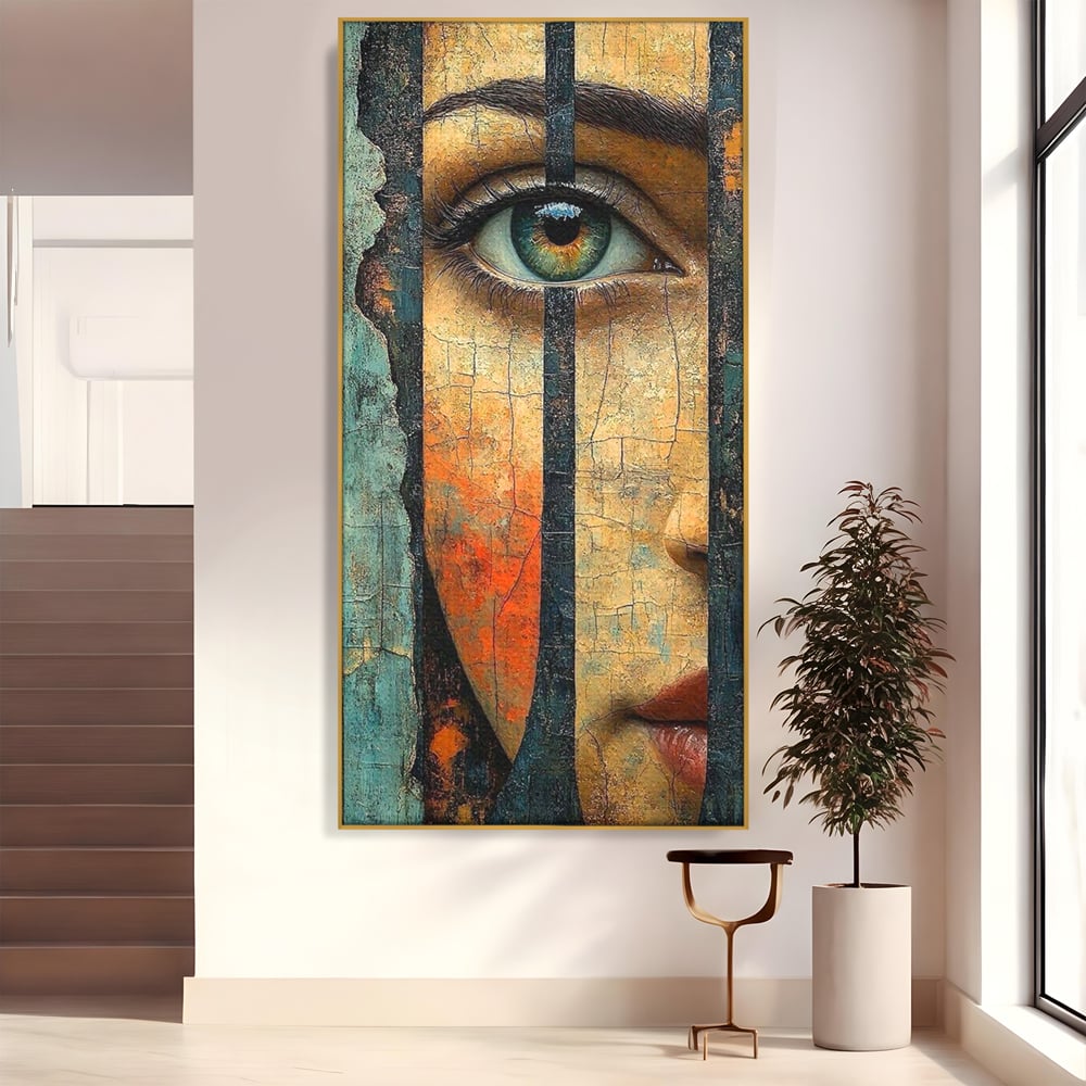 Tablou Canvas Premium, LuxCanva® C1300, Privirea dintre ziduri, Geometrie, Culori, Abstract, Auriu, Portret, Ochi, Gratii, Privire, Fereastra, Identitate, Fragmentat, Visare, Birou, Living, Dormitor