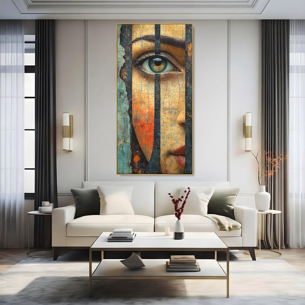 Tablou Canvas Premium, LuxCanva® C1300, Privirea dintre ziduri, Geometrie, Culori, Abstract, Auriu, Portret, Ochi, Gratii, Privire, Fereastra, Identitate, Fragmentat, Visare, Birou, Living, Dormitor