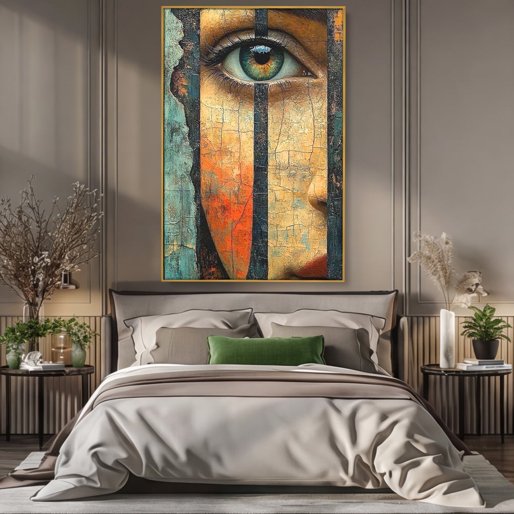 Tablou Canvas Premium, LuxCanva® C1300, Privirea dintre ziduri, Geometrie, Culori, Abstract, Auriu, Portret, Ochi, Gratii, Privire, Fereastra, Identitate, Fragmentat, Visare, Birou, Living, Dormitor