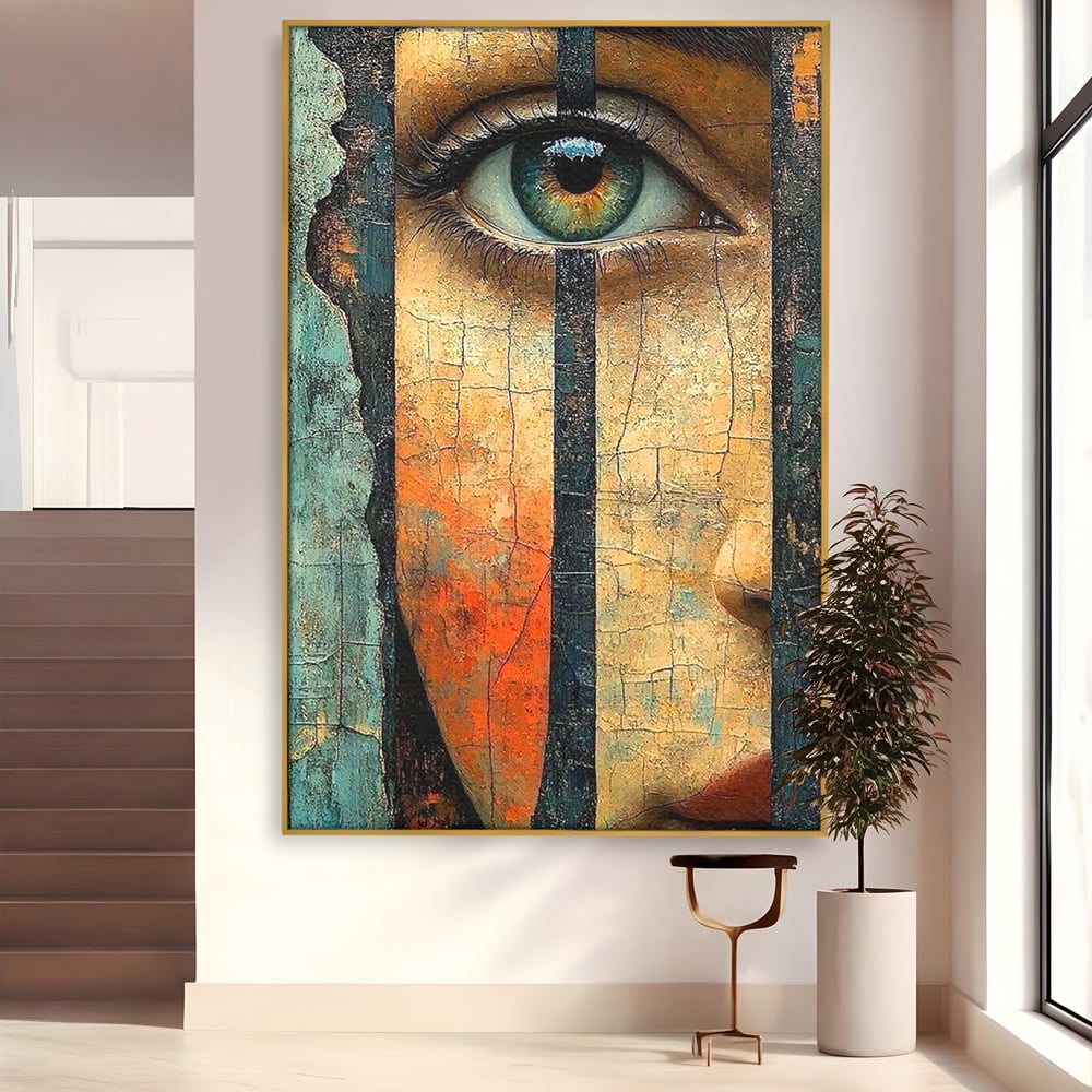Tablou Canvas Premium, LuxCanva® C1300, Privirea dintre ziduri, Geometrie, Culori, Abstract, Auriu, Portret, Ochi, Gratii, Privire, Fereastra, Identitate, Fragmentat, Visare, Birou, Living, Dormitor
