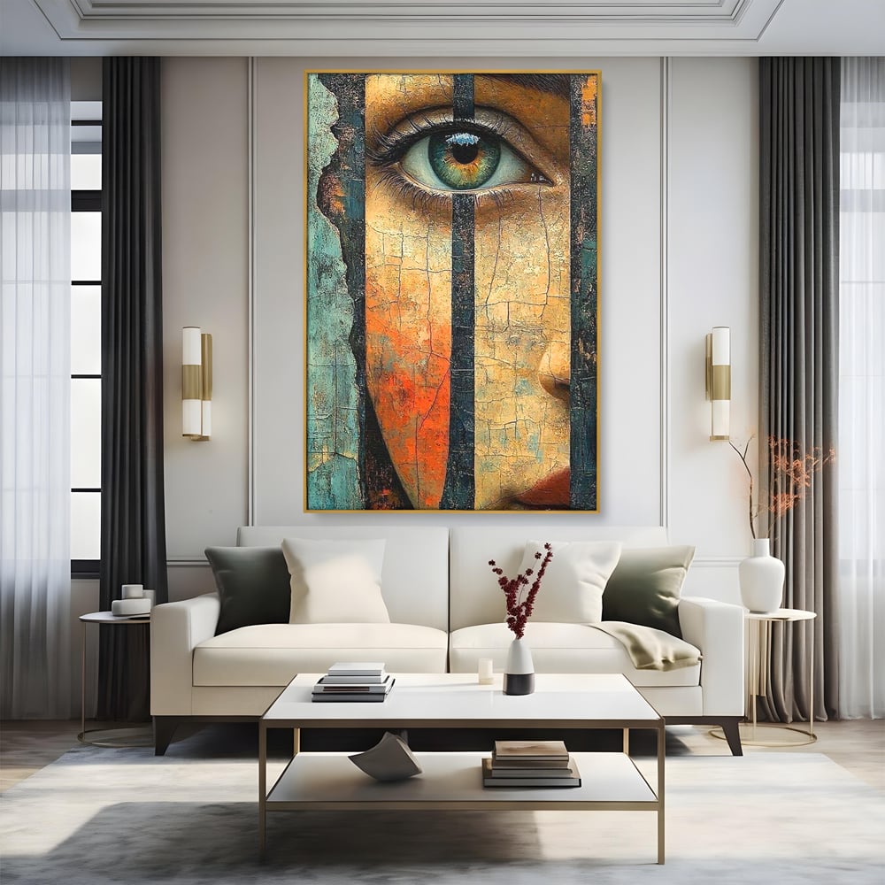 Tablou Canvas Premium, LuxCanva® C1300, Privirea dintre ziduri, Geometrie, Culori, Abstract, Auriu, Portret, Ochi, Gratii, Privire, Fereastra, Identitate, Fragmentat, Visare, Birou, Living, Dormitor